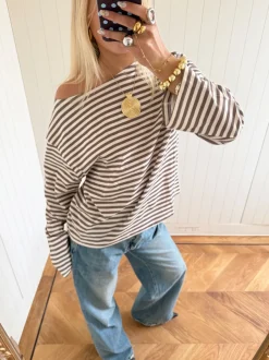 Design By Si Scandivv bluse med striber - Taupe/hvid Outlet