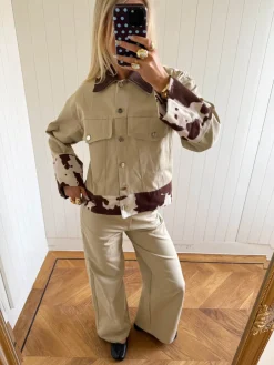 Design By Si Scandivv denimjakke med koprint - Beige/brun/hvid Clearance