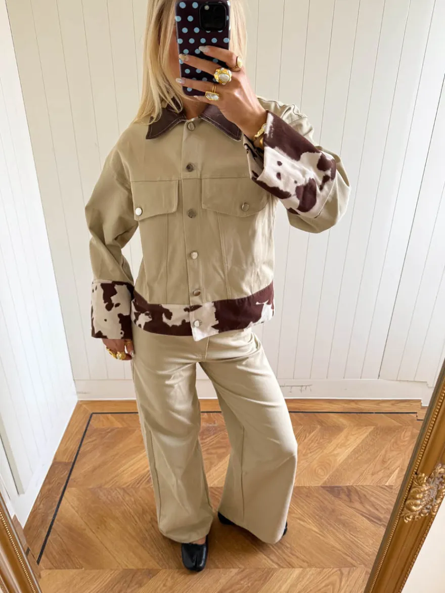 Design By Si Scandivv denimjakke med koprint - Beige/brun/hvid Clearance