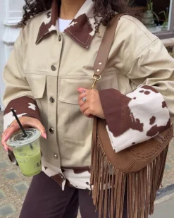 Design By Si Scandivv denimjakke med koprint - Beige/brun/hvid Clearance