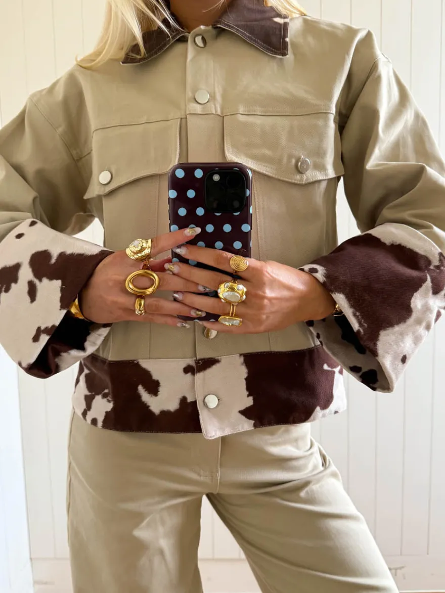 Design By Si Scandivv denimjakke med koprint - Beige/brun/hvid Clearance