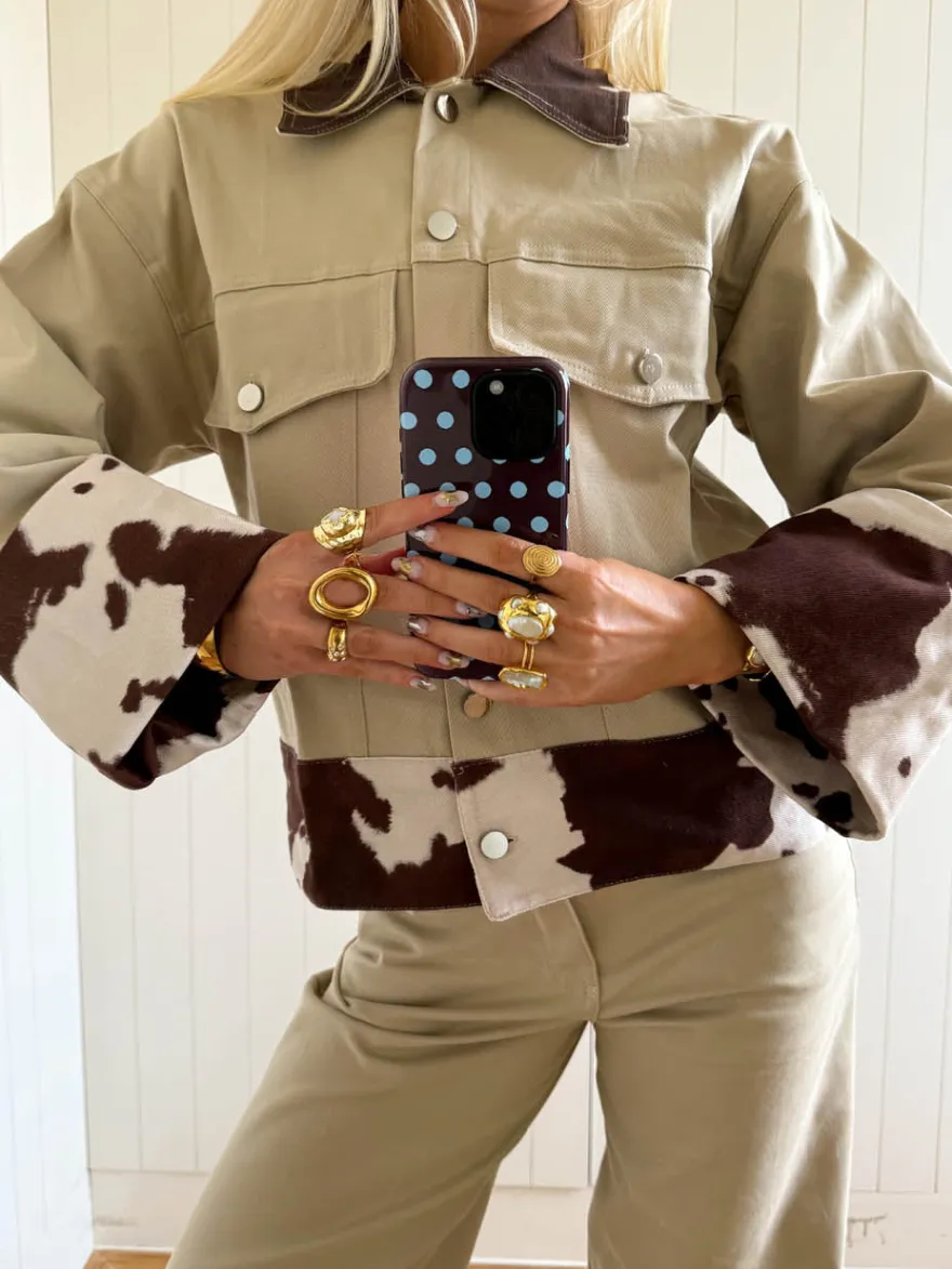 Design By Si Scandivv denimjakke med koprint - Beige/brun/hvid Clearance