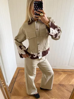 Design By Si Scandivv denimjakke med koprint - Beige/brun/hvid Clearance