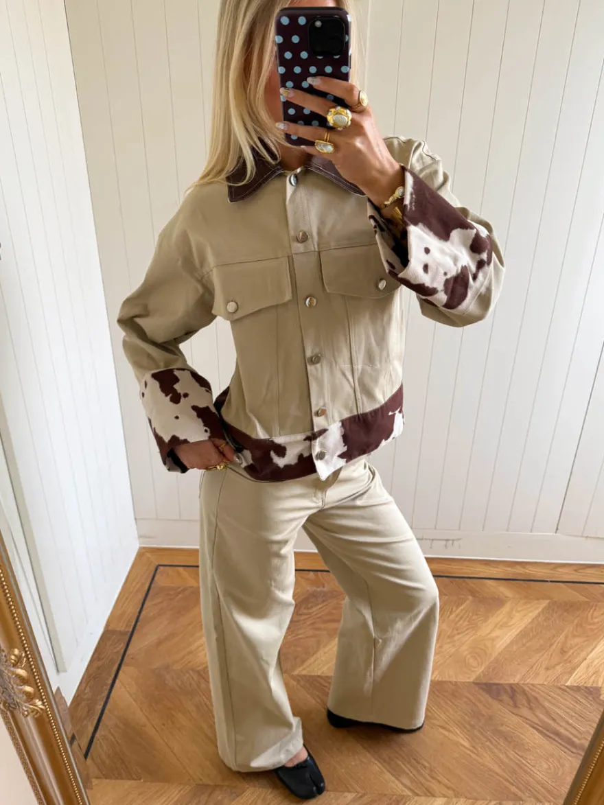 Design By Si Scandivv denimjakke med koprint - Beige/brun/hvid Clearance