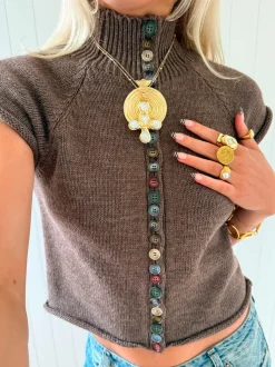 Design By Si Scandivv kortærmet strik med knapper - Brun/taupe Best