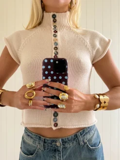Design By Si Scandivv kortærmet strik med knapper - Beige/off white Online