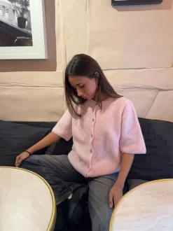 Design By Si Serena strikket kortærmet cardigan - Lyserød Online
