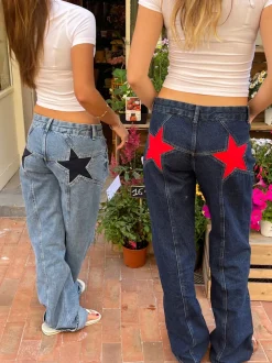 Design By Si Star jeans med rød stjerne - Mørk denim Sale