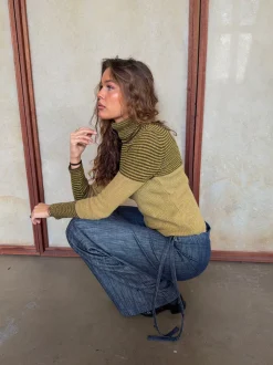Design By Si Swela striktrøje med turtleneck - Grøn/brun Discount