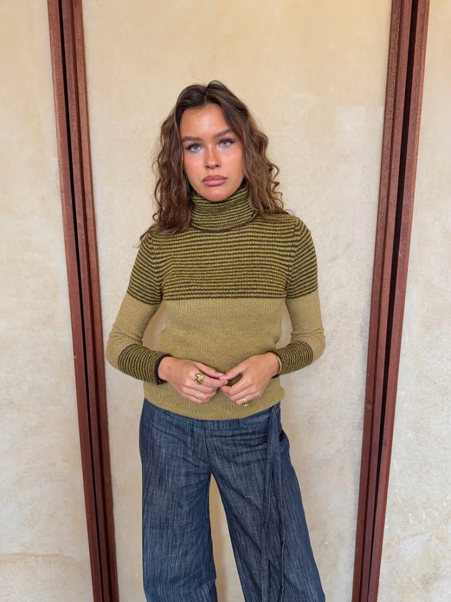 Design By Si Swela striktrøje med turtleneck - Grøn/brun Discount