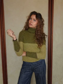 Design By Si Swela striktrøje med turtleneck - Grøn/brun Discount