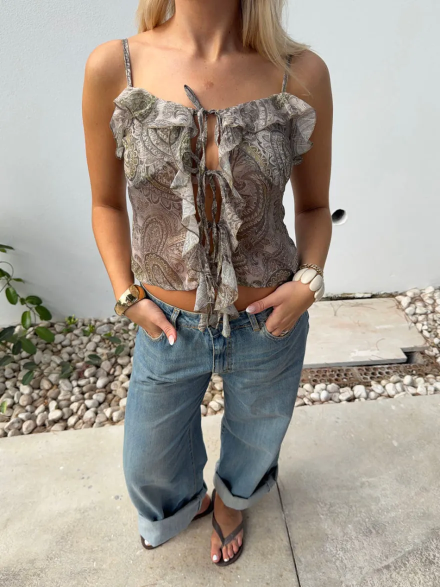 Design By Si Tanlina top med flæsedetalje - Grøn/brun Clearance