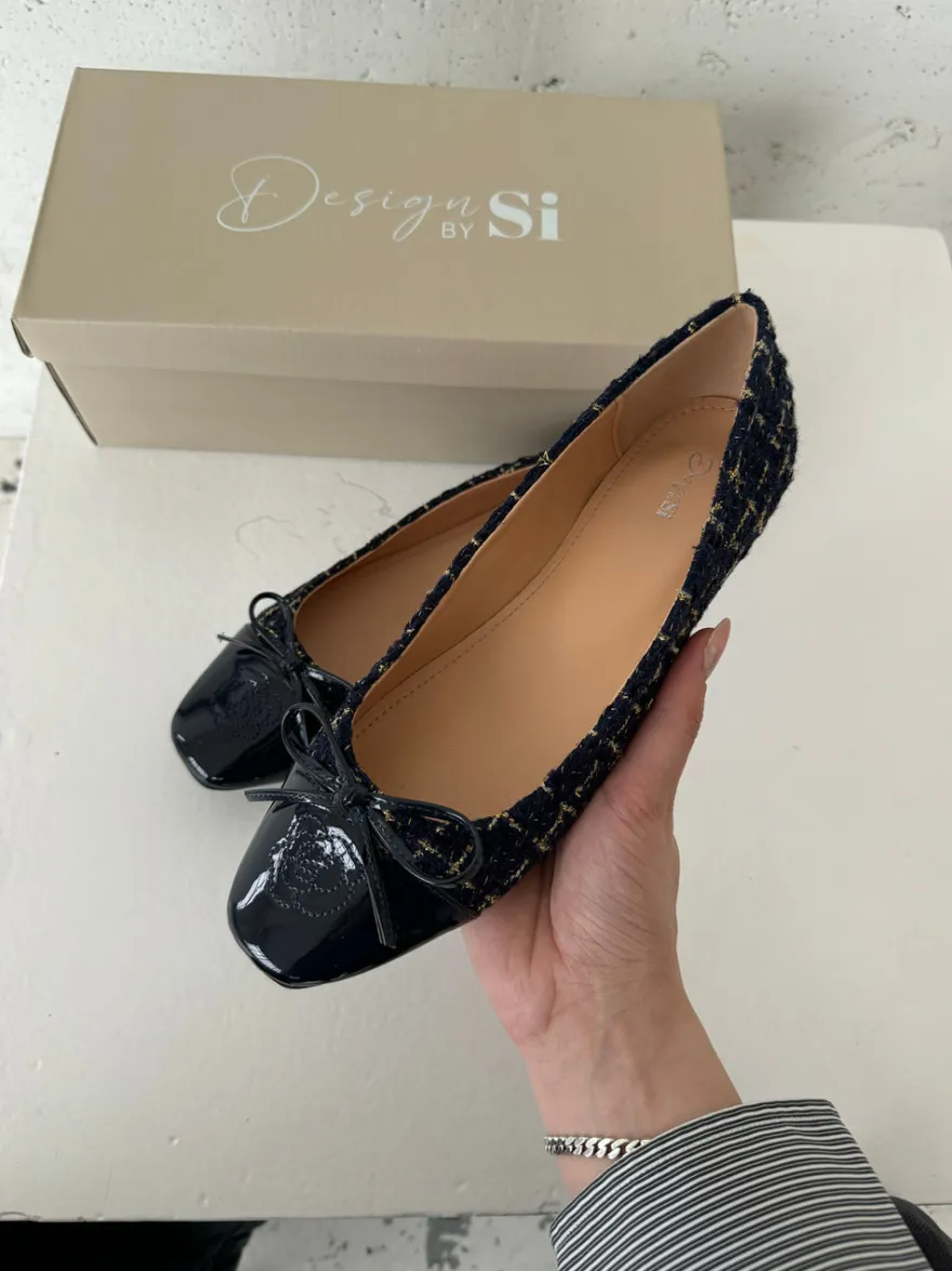 Design By Si Zamora ballerina sko med mønster og sløjfe - Navy Outlet